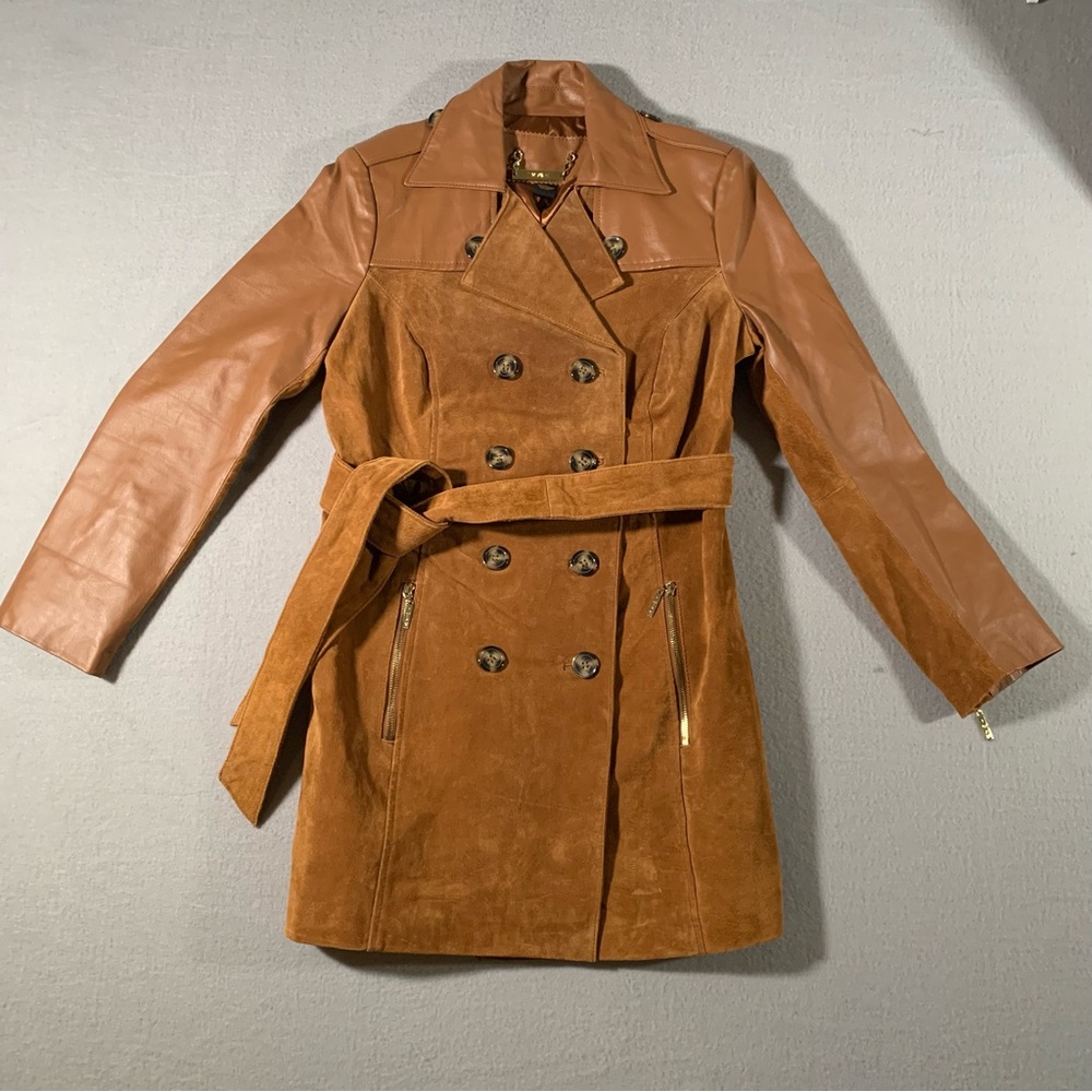 IMAN Two-Tone Brown Suede & Leather Trench Coat
